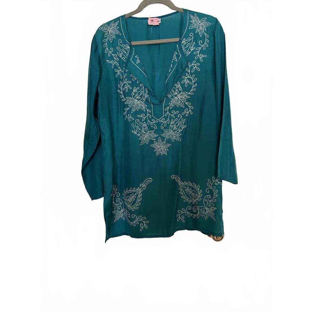 Les Papoux Embroidered Teal Tunic Cover up